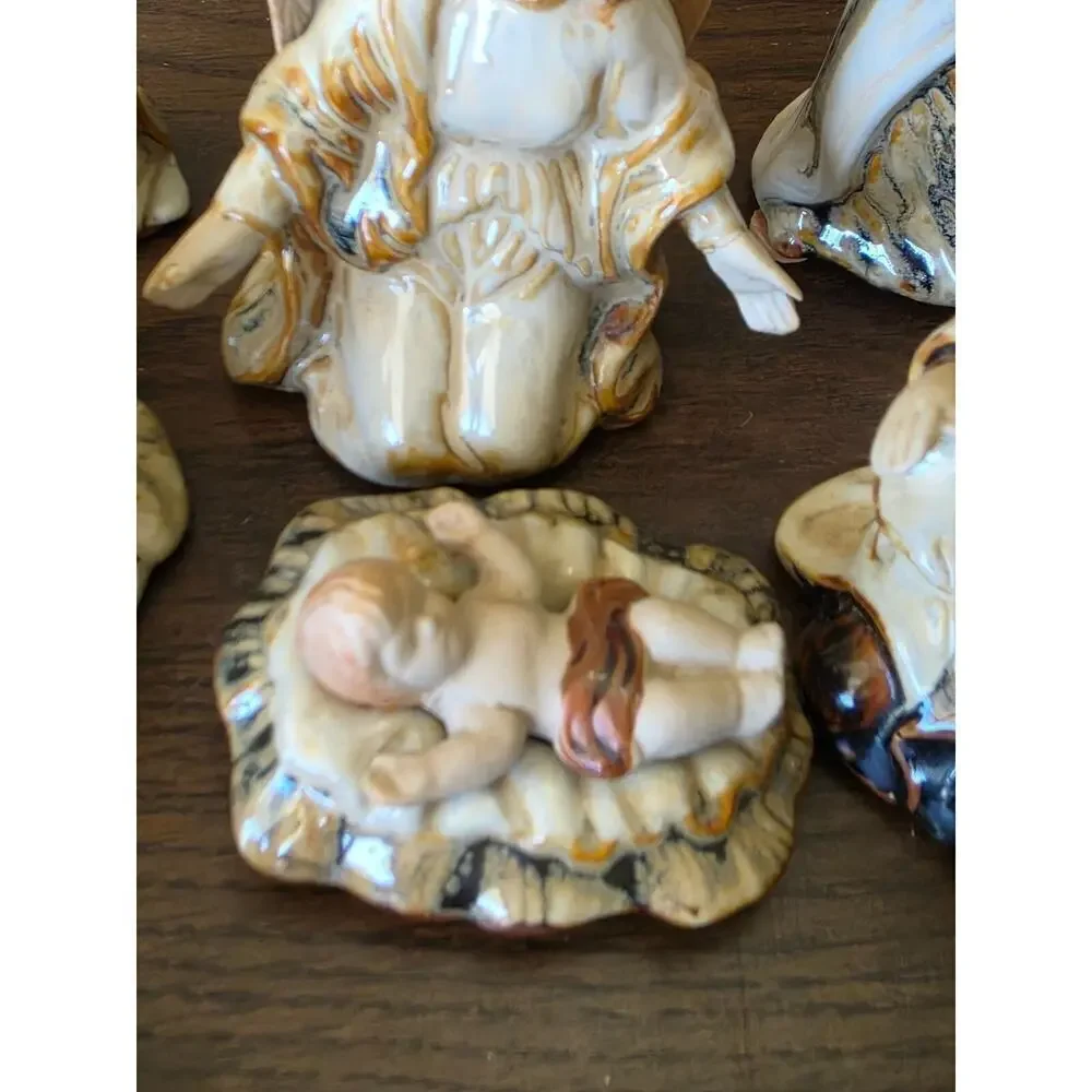 Vintage Nativity Scene Figurines 9-Piece Set Hand-Painted Ceramic Religious Chri